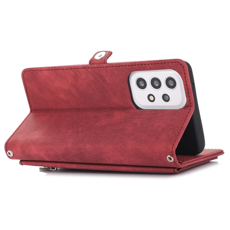 Pour Samsung Galaxy A53 5G Zipper Pocket Design PU Leather Wallet Case Multi-Functional 9 Card Slots Stand Protective Cover avec Sangle Poignet - Rouge