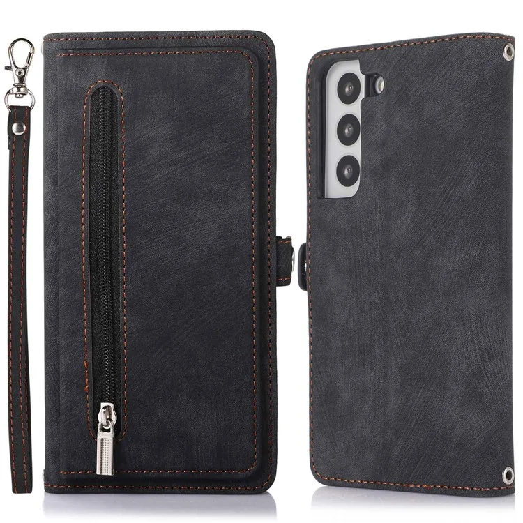 For Samsung Galaxy S22+ 5G Multi-Functional 9 Card Holder Leather Wallet Case Shockproof Zipper Pocket Purse Handbag Wrist Strap Cover - Black