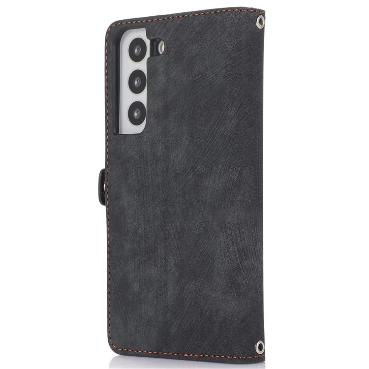 For Samsung Galaxy S22+ 5G Multi-Functional 9 Card Holder Leather Wallet Case Shockproof Zipper Pocket Purse Handbag Wrist Strap Cover - Black