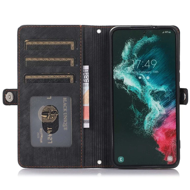 For Samsung Galaxy S22+ 5G Multi-Functional 9 Card Holder Leather Wallet Case Shockproof Zipper Pocket Purse Handbag Wrist Strap Cover - Black