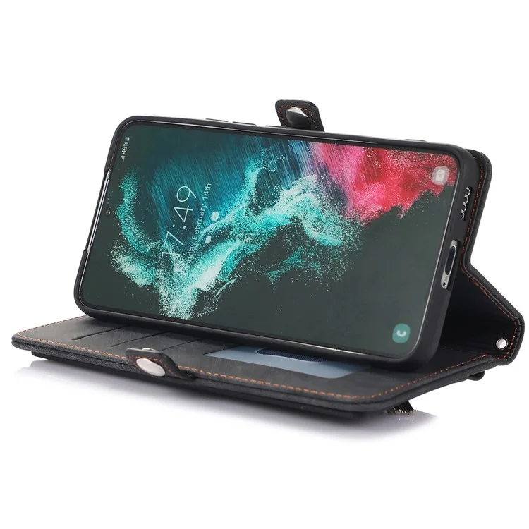 For Samsung Galaxy S22+ 5G Multi-Functional 9 Card Holder Leather Wallet Case Shockproof Zipper Pocket Purse Handbag Wrist Strap Cover - Black