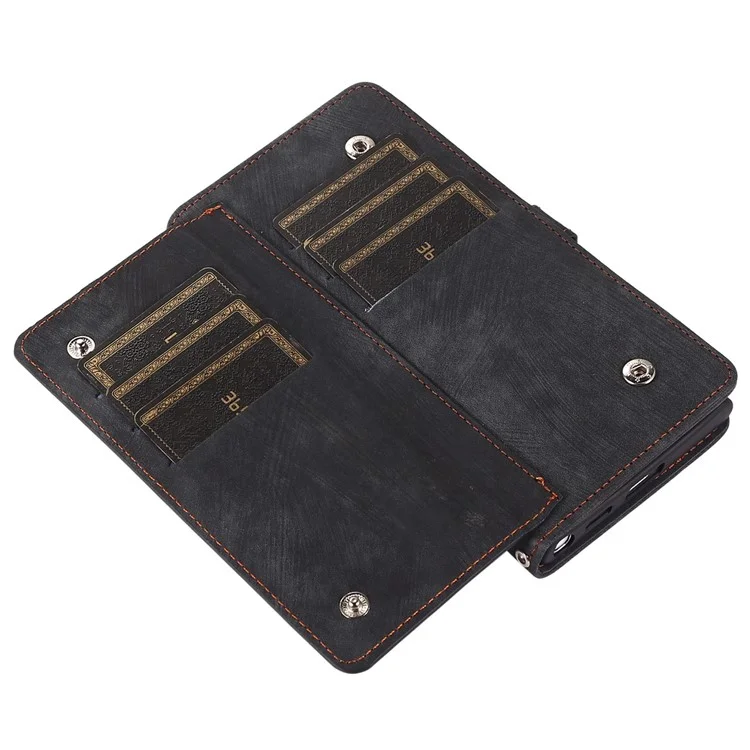 For Samsung Galaxy S22+ 5G Multi-Functional 9 Card Holder Leather Wallet Case Shockproof Zipper Pocket Purse Handbag Wrist Strap Cover - Black