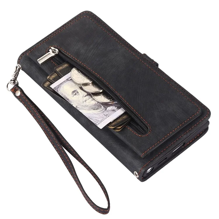 For Samsung Galaxy S22+ 5G Multi-Functional 9 Card Holder Leather Wallet Case Shockproof Zipper Pocket Purse Handbag Wrist Strap Cover - Black