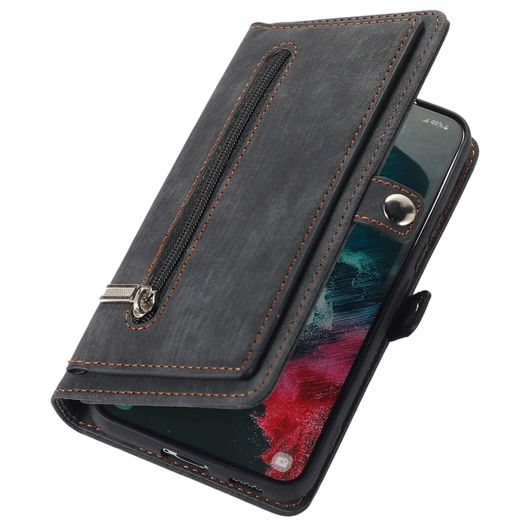 For Samsung Galaxy S22+ 5G Multi-Functional 9 Card Holder Leather Wallet Case Shockproof Zipper Pocket Purse Handbag Wrist Strap Cover - Black