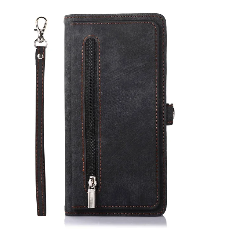 For Samsung Galaxy S22+ 5G Multi-Functional 9 Card Holder Leather Wallet Case Shockproof Zipper Pocket Purse Handbag Wrist Strap Cover - Black