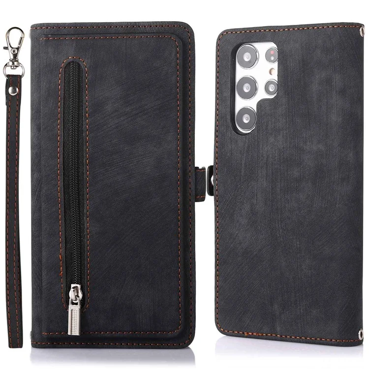 Para Samsung Galaxy S22 Ultra 5G Zipper Leather Case Fase de Teléfono Multifuncional 9 Tarjetas Para la Muñeca Strera de Muñeca Cubierta Protectora - Negro