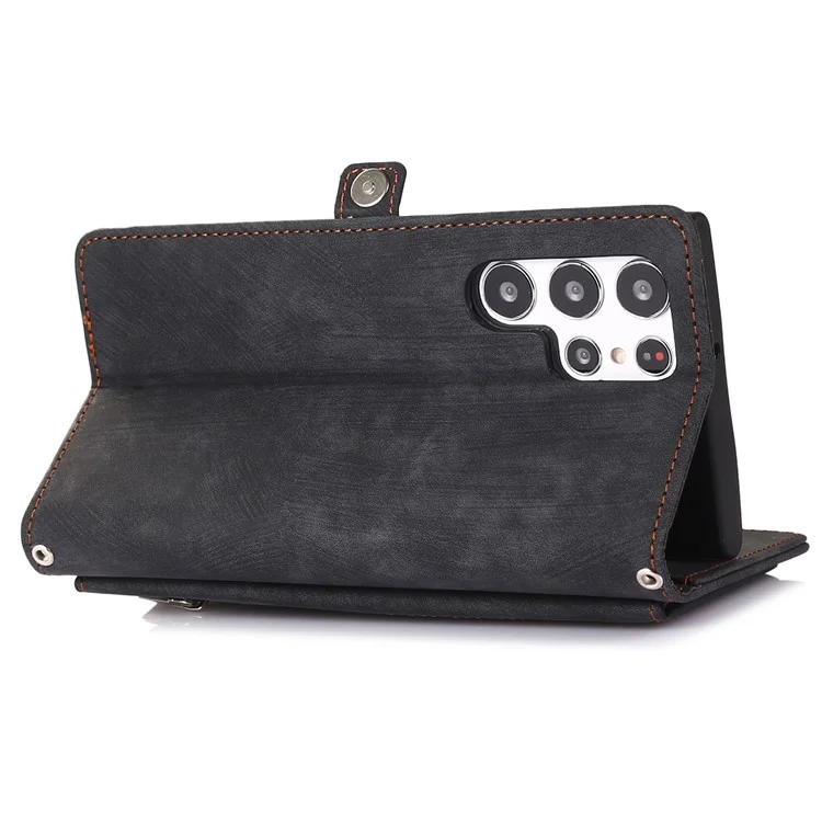 Para Samsung Galaxy S22 Ultra 5G Zipper Leather Case Fase de Teléfono Multifuncional 9 Tarjetas Para la Muñeca Strera de Muñeca Cubierta Protectora - Negro