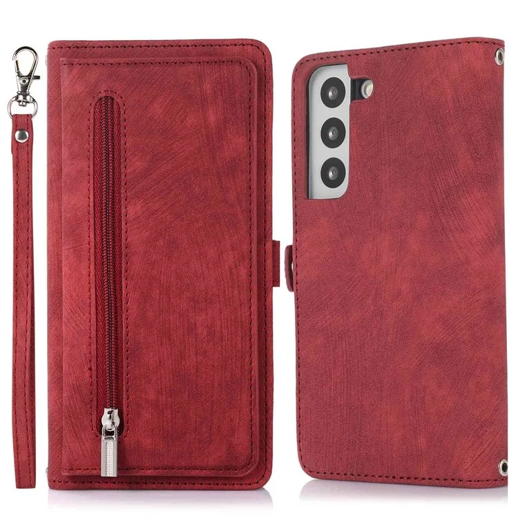 Pour Samsung Galaxy S22 5G PU Cuir à Glissière Folio Portefeuille Multifonctionnel 9 Cartes Slots Flip Protective Phone Cover Avec Bracelet - Rouge