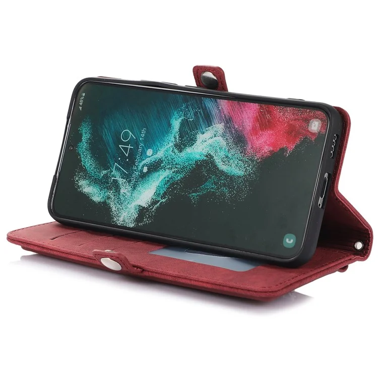 Pour Samsung Galaxy S22 5G PU Cuir à Glissière Folio Portefeuille Multifonctionnel 9 Cartes Slots Flip Protective Phone Cover Avec Bracelet - Rouge