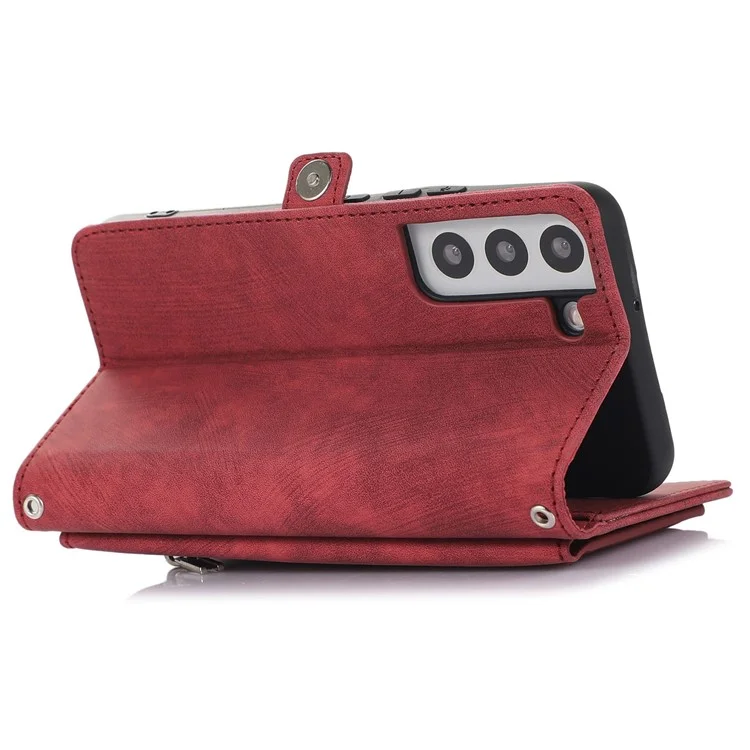 Pour Samsung Galaxy S22 5G PU Cuir à Glissière Folio Portefeuille Multifonctionnel 9 Cartes Slots Flip Protective Phone Cover Avec Bracelet - Rouge