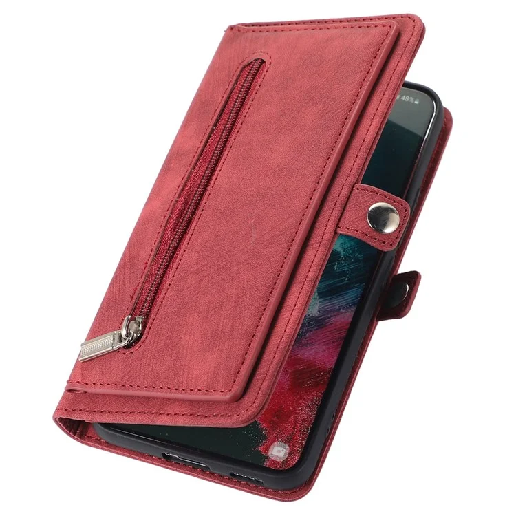 Pour Samsung Galaxy S22 5G PU Cuir à Glissière Folio Portefeuille Multifonctionnel 9 Cartes Slots Flip Protective Phone Cover Avec Bracelet - Rouge