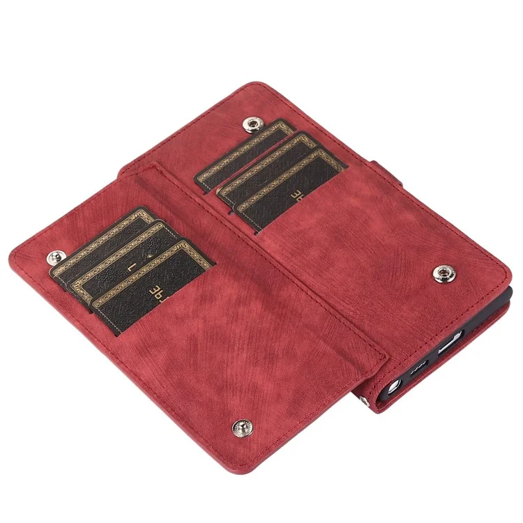 Pour Samsung Galaxy S22 5G PU Cuir à Glissière Folio Portefeuille Multifonctionnel 9 Cartes Slots Flip Protective Phone Cover Avec Bracelet - Rouge