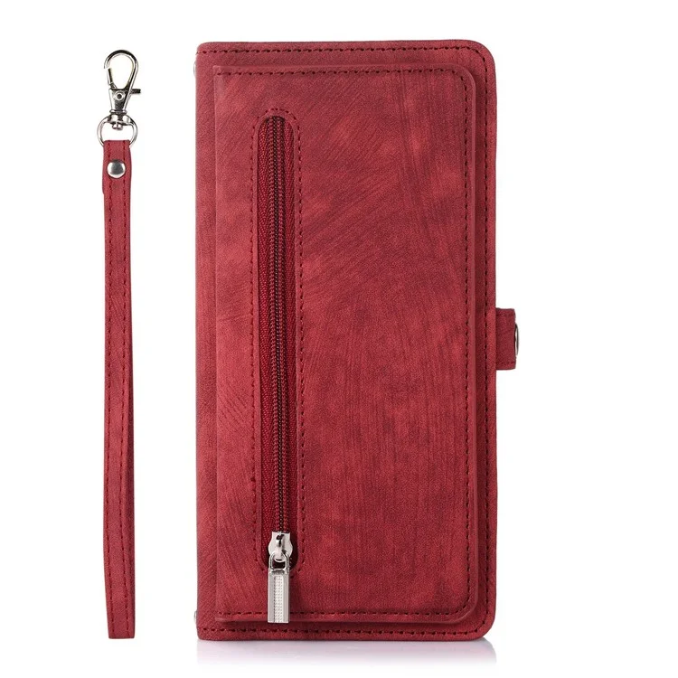 Pour Samsung Galaxy S22 5G PU Cuir à Glissière Folio Portefeuille Multifonctionnel 9 Cartes Slots Flip Protective Phone Cover Avec Bracelet - Rouge