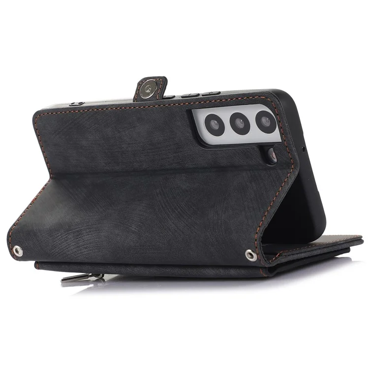 Pour Samsung Galaxy S22 5G PU Cuir à Glissière Folio Portefeuille Multifonctionnel 9 Cartes Slots Flip Protective Phone Cover Avec Bracelet - le Noir