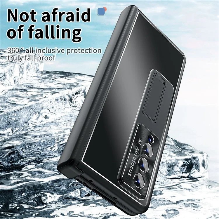 Para Samsung Galaxy Z Fold4 5G Stylus Pen Design PC+Aleación de Aluminio Soporte Teléfono Estuche Lente Protección Cubierta con Película de Pantalla de Vidrio Templado - Negro