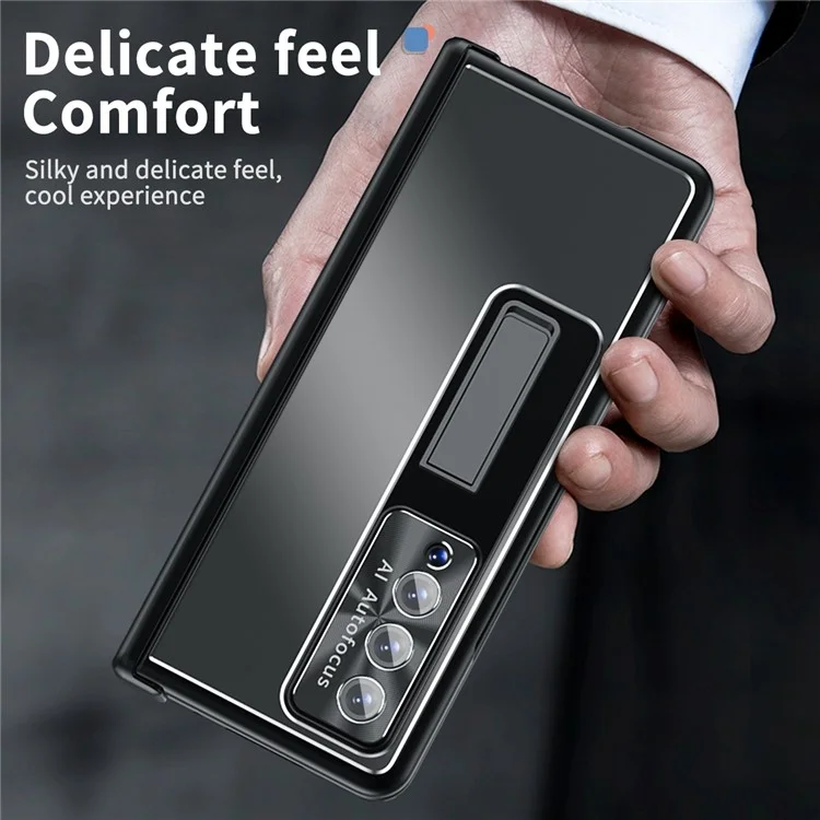 Para Samsung Galaxy Z Fold4 5G Stylus Pen Design PC+Aleación de Aluminio Soporte Teléfono Estuche Lente Protección Cubierta con Película de Pantalla de Vidrio Templado - Negro