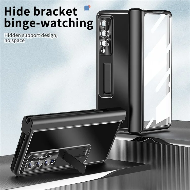 Para Samsung Galaxy Z Fold4 5G Stylus Pen Design PC+Aleación de Aluminio Soporte Teléfono Estuche Lente Protección Cubierta con Película de Pantalla de Vidrio Templado - Negro