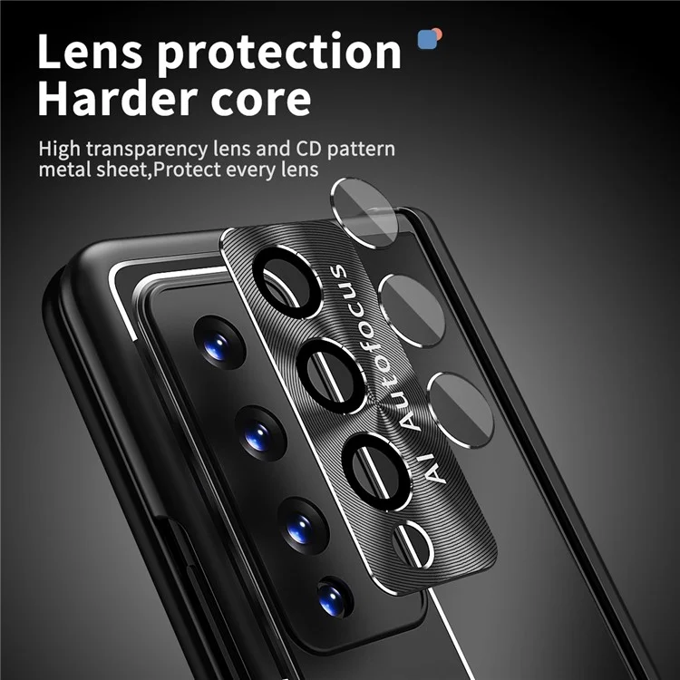 Para Samsung Galaxy Z Fold4 5G Stylus Pen Design PC+Aleación de Aluminio Soporte Teléfono Estuche Lente Protección Cubierta con Película de Pantalla de Vidrio Templado - Negro