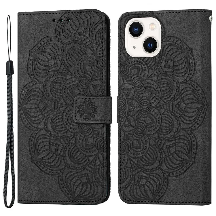 Pour iPhone 14 6.1 pouces Mandala Flower Imprinted PU Leather Magnetic Flip Cover Stand Feature Hand Strap Wallet Purse Case - Noir