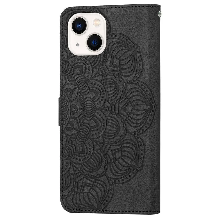 Pour iPhone 14 6.1 pouces Mandala Flower Imprinted PU Leather Magnetic Flip Cover Stand Feature Hand Strap Wallet Purse Case - Noir