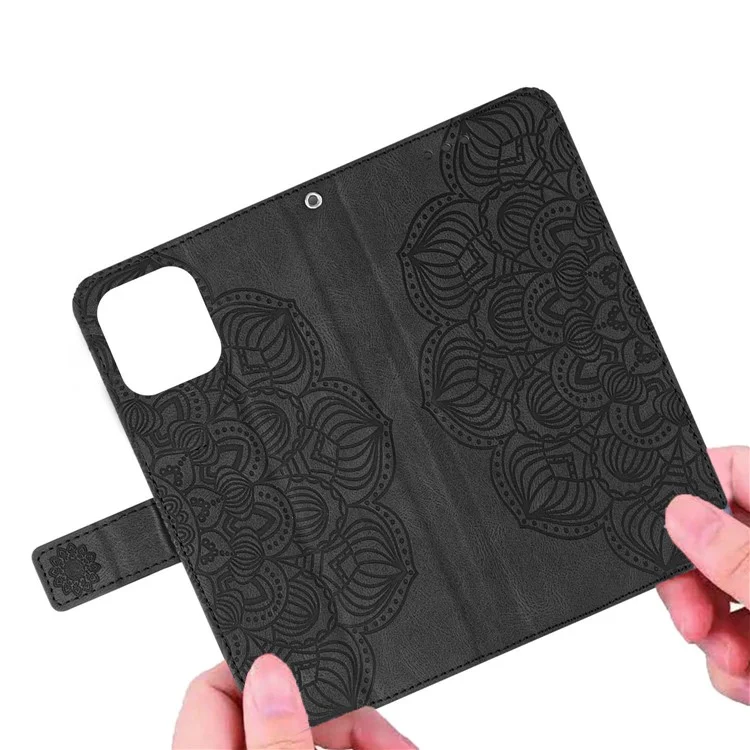 Pour iPhone 14 6.1 pouces Mandala Flower Imprinted PU Leather Magnetic Flip Cover Stand Feature Hand Strap Wallet Purse Case - Noir