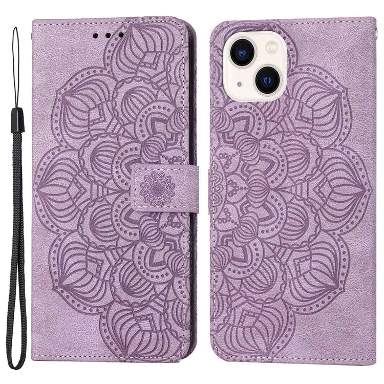 Para iPhone 14 Plus Mandala Flower Imprinted Wallet Case PU Leather Wrist Strap Stand Feature Flip Cover - Roxo
