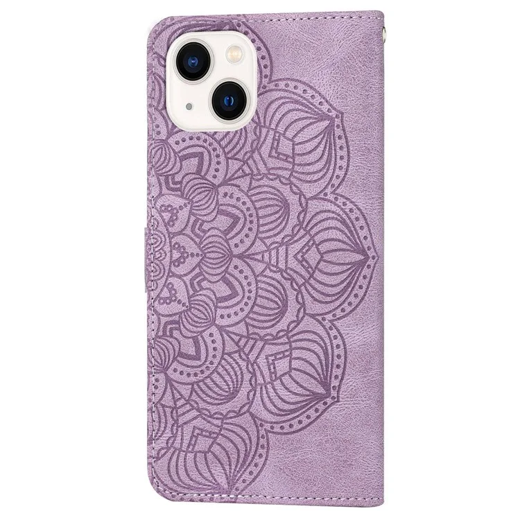 Para iPhone 14 Plus Mandala Flower Imprinted Wallet Case PU Leather Wrist Strap Stand Feature Flip Cover - Roxo