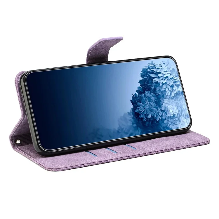 Para iPhone 14 Plus Mandala Flower Imprinted Wallet Case PU Leather Wrist Strap Stand Feature Flip Cover - Roxo