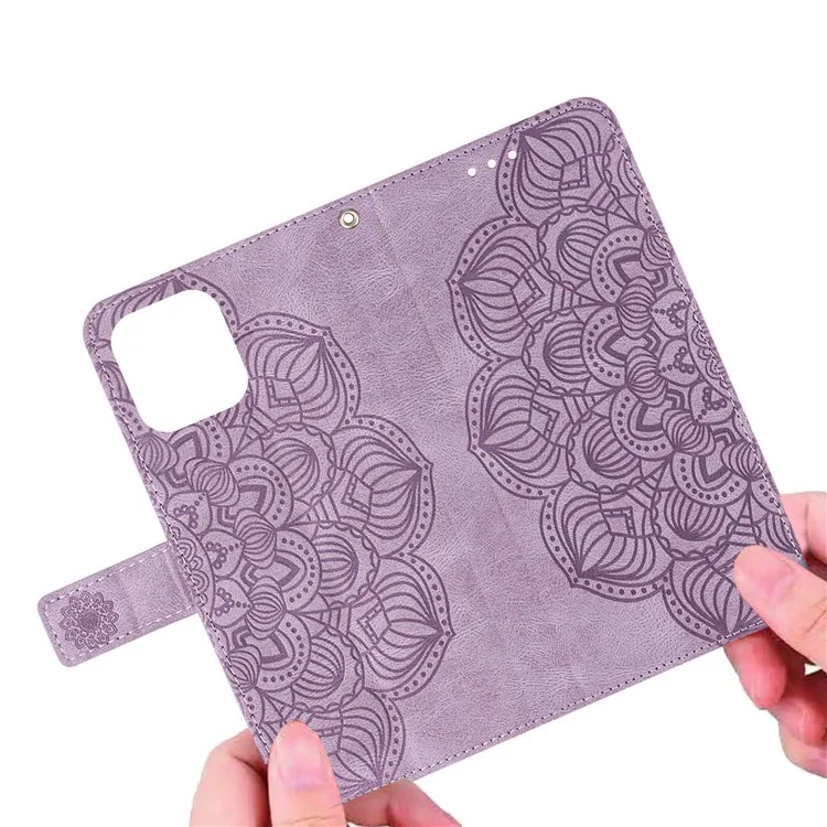 Para iPhone 14 Plus Mandala Flower Imprinted Wallet Case PU Leather Wrist Strap Stand Feature Flip Cover - Roxo