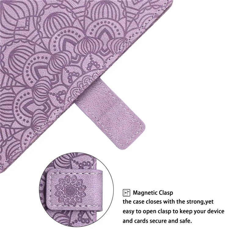 Para iPhone 14 Plus Mandala Flower Imprinted Wallet Case PU Leather Wrist Strap Stand Feature Flip Cover - Roxo