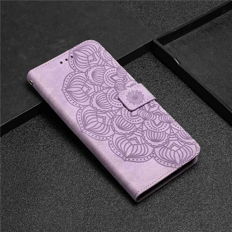 Para iPhone 14 Plus Mandala Flower Imprinted Wallet Case PU Leather Wrist Strap Stand Feature Flip Cover - Roxo