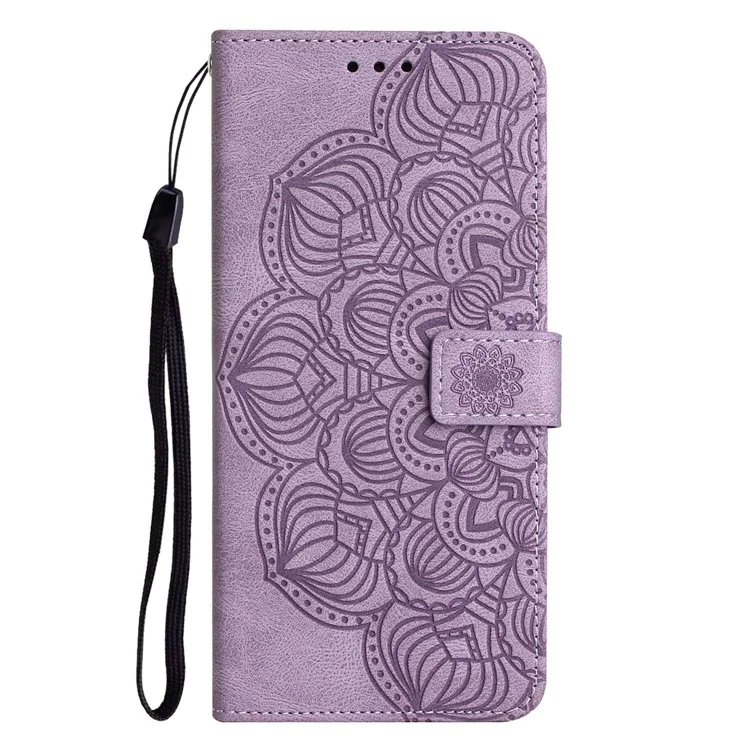 Para iPhone 14 Plus Mandala Flower Imprinted Wallet Case PU Leather Wrist Strap Stand Feature Flip Cover - Roxo