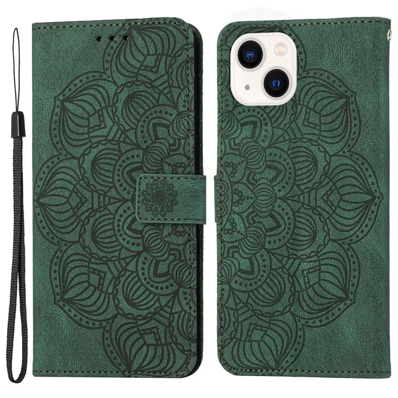 For iPhone 14 Plus Mandala Flower Imprinted Wallet Case PU Leather Wrist Strap Stand Feature Flip Cover - Green