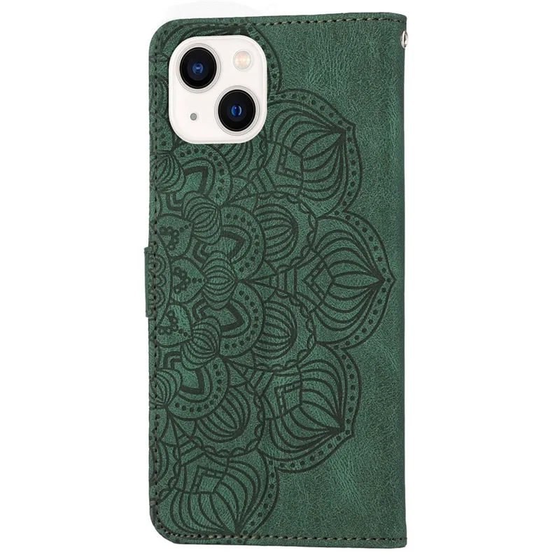 For iPhone 14 Plus Mandala Flower Imprinted Wallet Case PU Leather Wrist Strap Stand Feature Flip Cover - Green