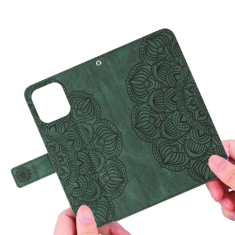 For iPhone 14 Plus Mandala Flower Imprinted Wallet Case PU Leather Wrist Strap Stand Feature Flip Cover - Green