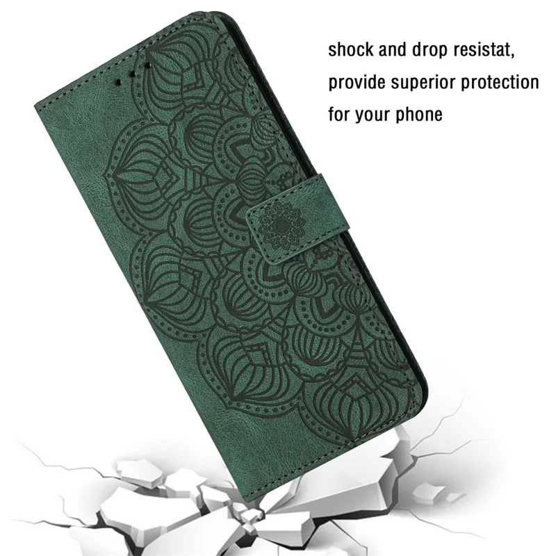 For iPhone 14 Plus Mandala Flower Imprinted Wallet Case PU Leather Wrist Strap Stand Feature Flip Cover - Green