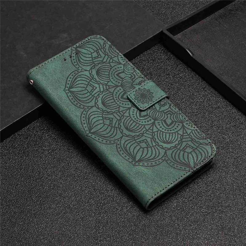For iPhone 14 Plus Mandala Flower Imprinted Wallet Case PU Leather Wrist Strap Stand Feature Flip Cover - Green
