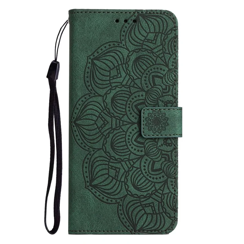 For iPhone 14 Plus Mandala Flower Imprinted Wallet Case PU Leather Wrist Strap Stand Feature Flip Cover - Green