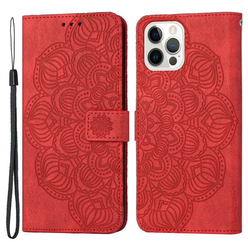 For iPhone 14 Pro Max 6.7 inch Imprinted Mandala Flower PU Leather Phone Case Wallet Stand Magnetic Protective Cover with Wrist Strap - Red