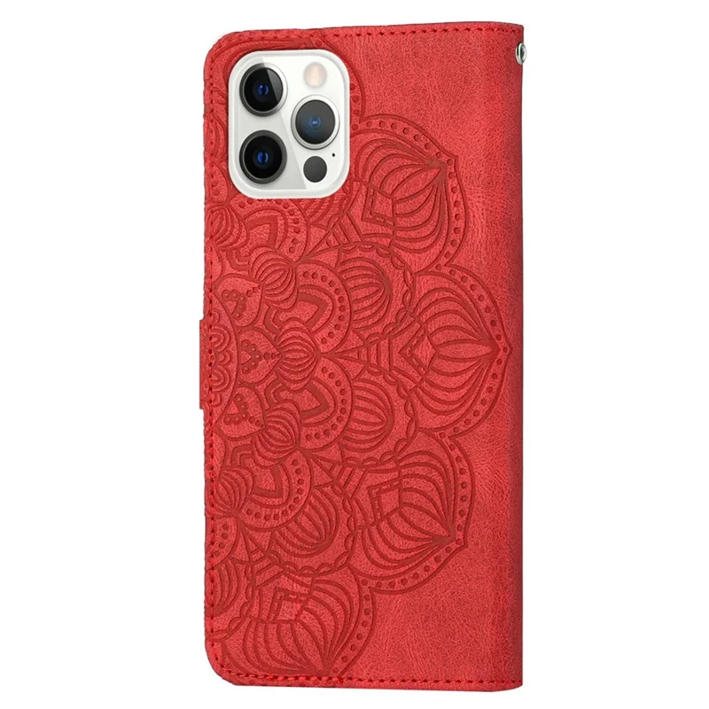 For iPhone 14 Pro Max 6.7 inch Imprinted Mandala Flower PU Leather Phone Case Wallet Stand Magnetic Protective Cover with Wrist Strap - Red