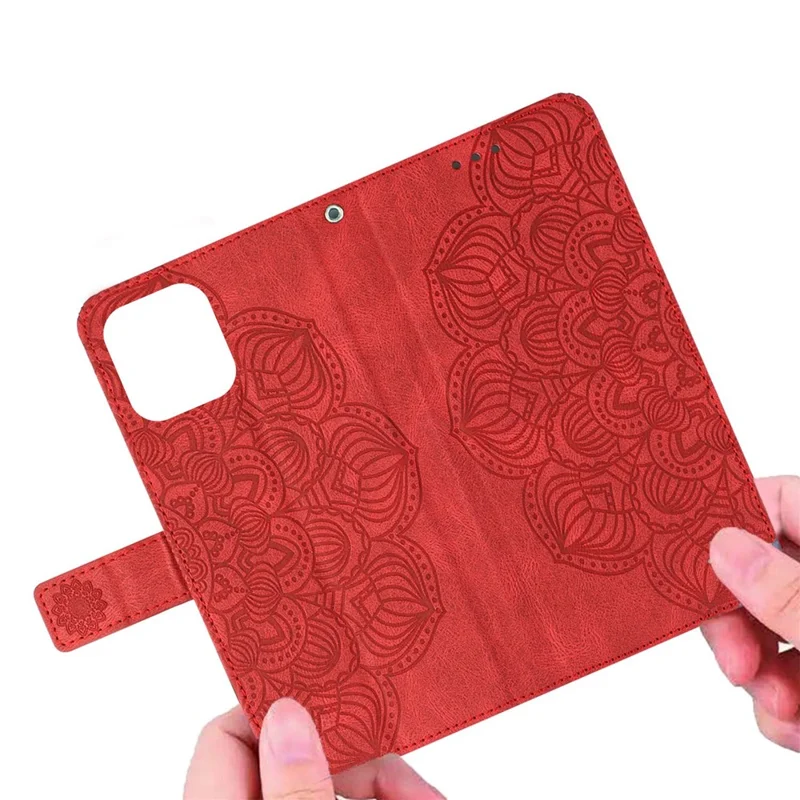 For iPhone 14 Pro Max 6.7 inch Imprinted Mandala Flower PU Leather Phone Case Wallet Stand Magnetic Protective Cover with Wrist Strap - Red