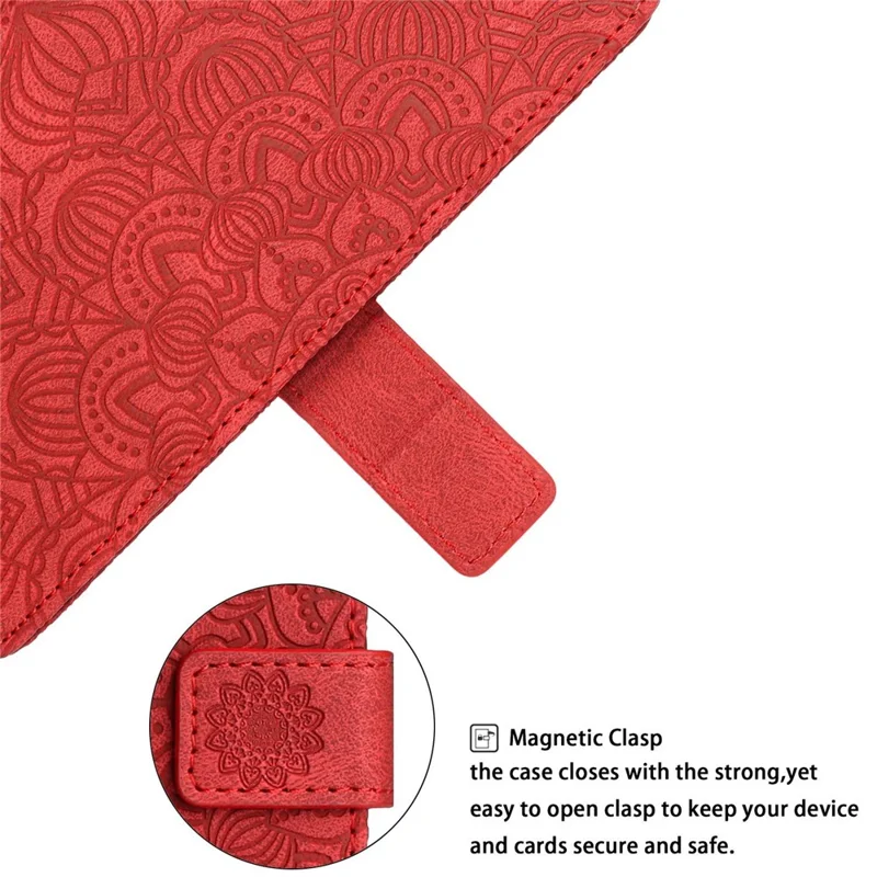 For iPhone 14 Pro Max 6.7 inch Imprinted Mandala Flower PU Leather Phone Case Wallet Stand Magnetic Protective Cover with Wrist Strap - Red