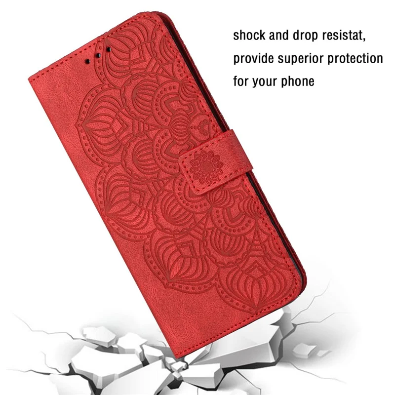 For iPhone 14 Pro Max 6.7 inch Imprinted Mandala Flower PU Leather Phone Case Wallet Stand Magnetic Protective Cover with Wrist Strap - Red