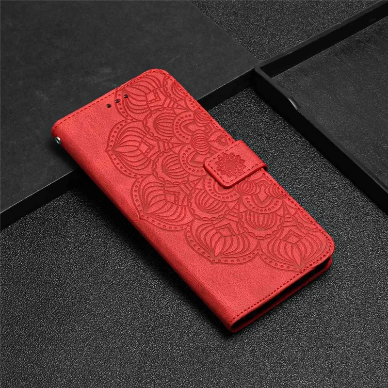 For iPhone 14 Pro Max 6.7 inch Imprinted Mandala Flower PU Leather Phone Case Wallet Stand Magnetic Protective Cover with Wrist Strap - Red