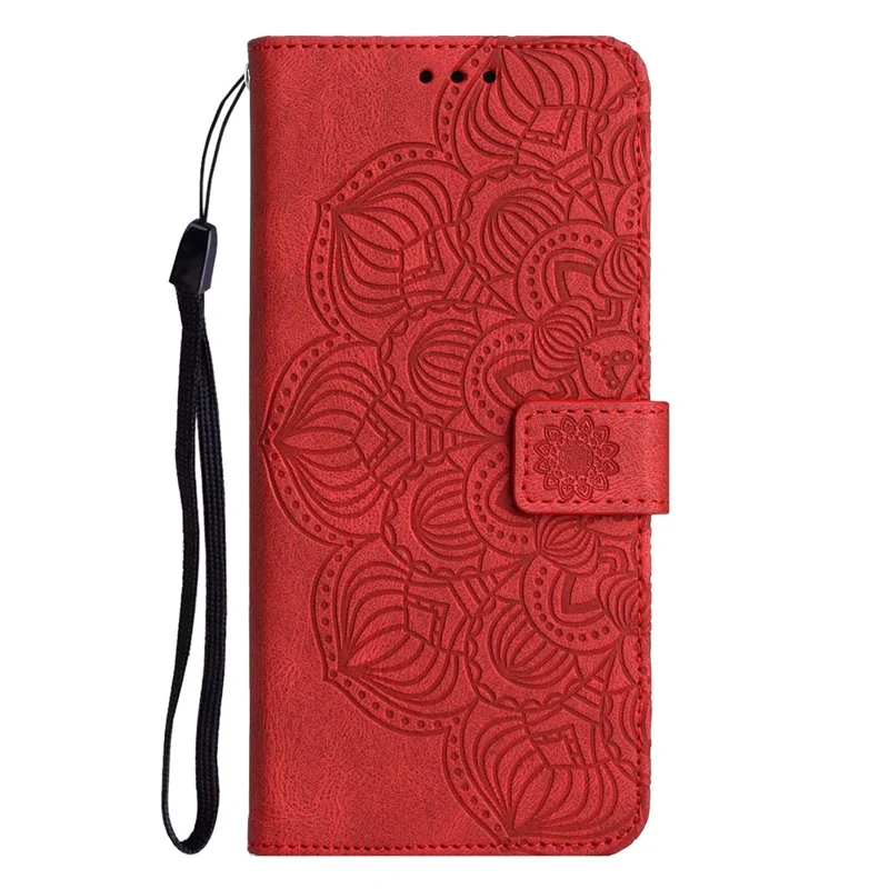 For iPhone 14 Pro Max 6.7 inch Imprinted Mandala Flower PU Leather Phone Case Wallet Stand Magnetic Protective Cover with Wrist Strap - Red