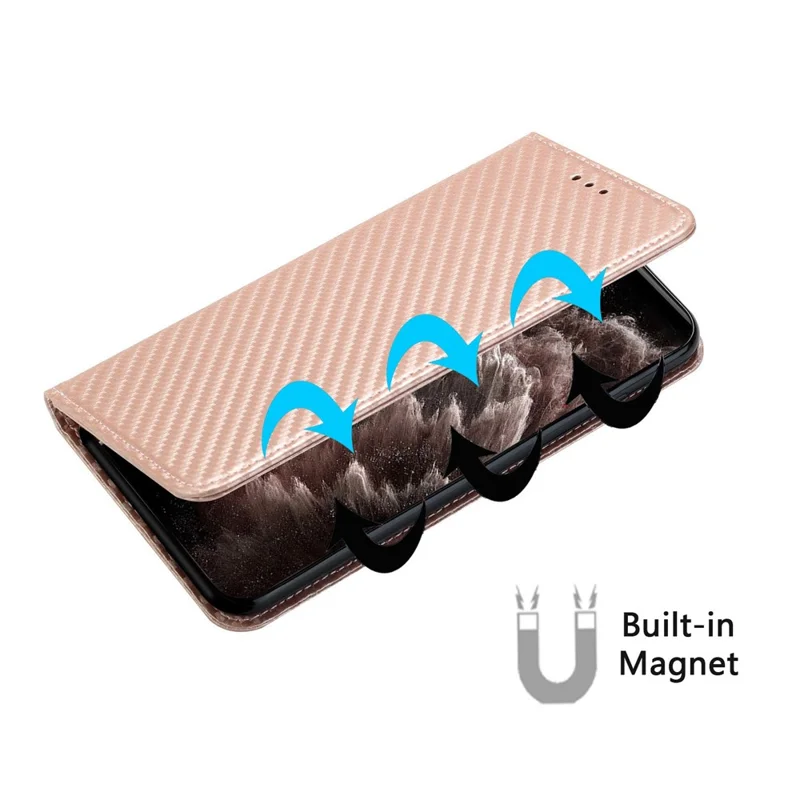 For iPhone 14 6.1 inch Carbon Fiber Texture PU Leather Case Auto Magnetic Closed Flip Stand Wallet Cover - Rose Gold