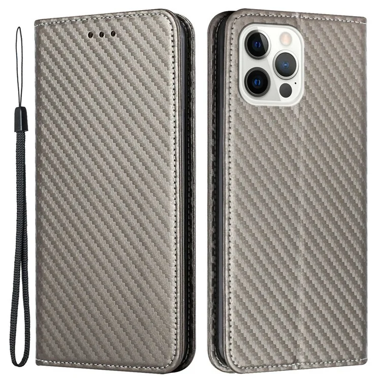 For iPhone 14 Pro 6.1 inch Scratch Proof Carbon Fiber Texture PU Leather Case Auto Magnetic Closed Flip Stand Wallet Cover - Grey