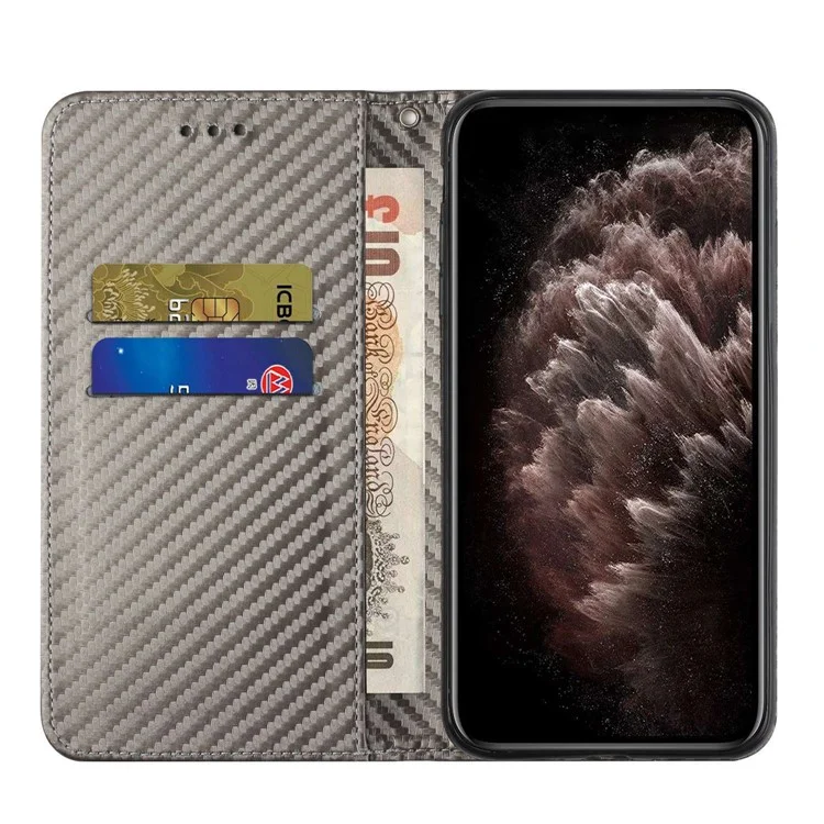 For iPhone 14 Pro 6.1 inch Scratch Proof Carbon Fiber Texture PU Leather Case Auto Magnetic Closed Flip Stand Wallet Cover - Grey