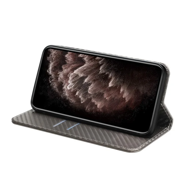 For iPhone 14 Pro 6.1 inch Scratch Proof Carbon Fiber Texture PU Leather Case Auto Magnetic Closed Flip Stand Wallet Cover - Grey