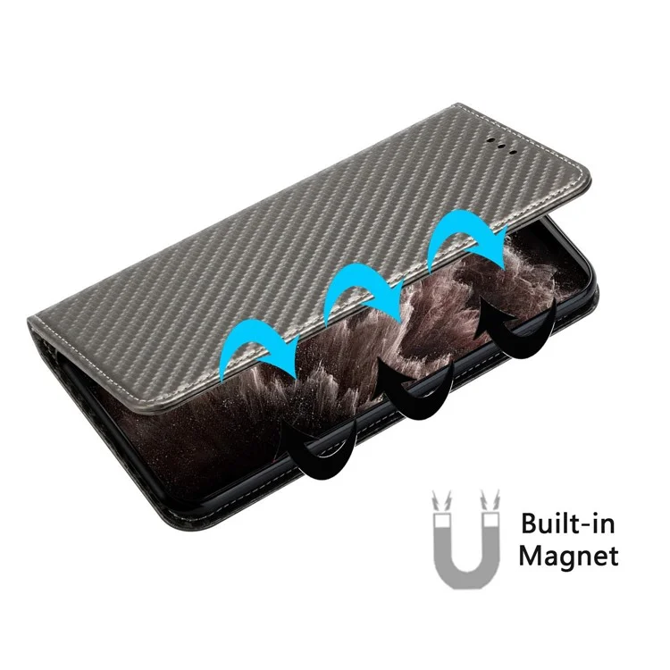 For iPhone 14 Pro 6.1 inch Scratch Proof Carbon Fiber Texture PU Leather Case Auto Magnetic Closed Flip Stand Wallet Cover - Grey
